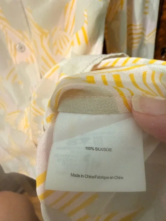 Tory Burch 100% Silk Gray & Yellow Printed Button-Up Shirt Size 4 - Picture 4 of 8